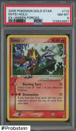 2005 Pokemon Entei Gold Star Holo EX Unseen Forces #113/115 PSA 8 NM-MT - Image 1