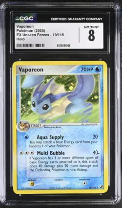 CGC 8 Vaporeon 2005 EX Unseen Forces 19/115 Holo Pokemon Card - Image 1