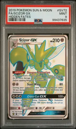 2019 POKEMON SUN & MOON HIDDEN FATES SV72 FULL ART/SCIZOR GX PSA 9 SHINY - Image 1