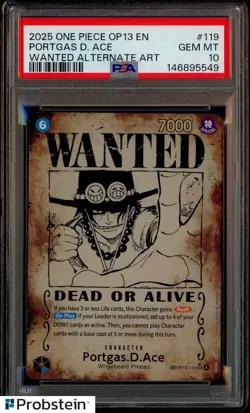 #1 2025 One Piece OP13 En Wanted Alternate Art #119 Portgas D. Ace PSA 10 - Image 1