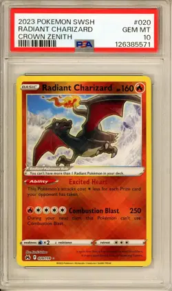 2023 POKEMON SWSH #020 RADIANT CHARIZARD GEM MT PSA 10 CROWN ZENITH - Image 1