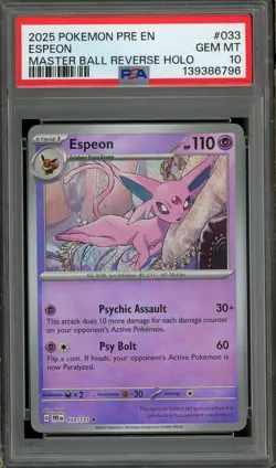 2025 POKEMON PRE EN-PRISMATIC EVOLUTIONS MASTER BALL REVERSE HOLO ESPEON PSA 10 - Image 1