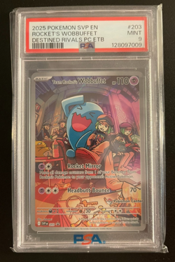 2025 POKEMON DESTINED RIVALS POKEMON CENTER ETB TEAM ROCKET'S WOBBUFFET PSA 9 - Image 1