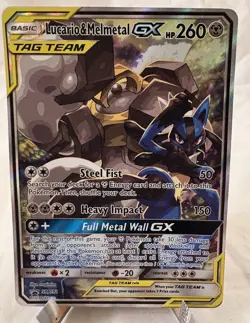 Pokemon Sun and Moon Lucario & Melmetal GX (LP, Small Dent on back) - Image 1
