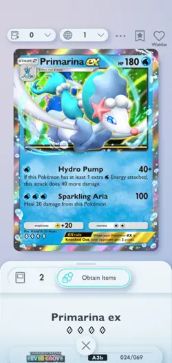 Primarina EX Pokemon Pocket Mobile Game Eevee Grove Set ◇◇◇◇ Rare Trade Card - Image 1