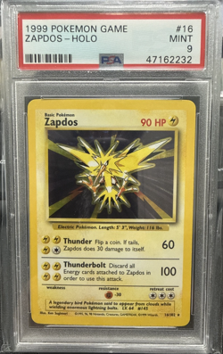1999 POKEMON BASE SET UNLIMTIED #16 ZAPDOS-HOLO PSA 9 - Image 1