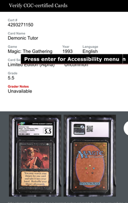 1993 Magic the Gathering MtG - Limited Editon Alpha - Demonic Tutor CGC 5.5 - Image 3
