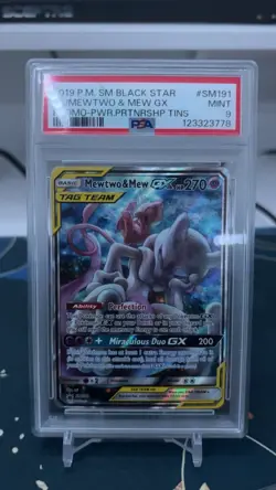 2019 POKEMON PARTNERSHIP TAG TEAM TINS MEWTWO & MEW GX #SM191 FULL ART PSA 9 - Image 1