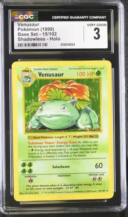 CGC 3 Venusaur 1999 Base Set 15/102 Shadowless Holo Pokemon Card - Image 1