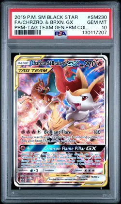 2019 POKEMON BLACK STAR SM230 FULL ART/CHARIZARD & BRAIXEN GX TAG TEAM PSA 10 - Image 1