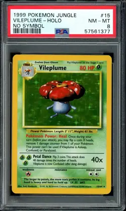PSA 8 NM-MT Vileplume No Symbol ERROR Holo Rare 15/64 Jungle Pokemon Card - Image 1