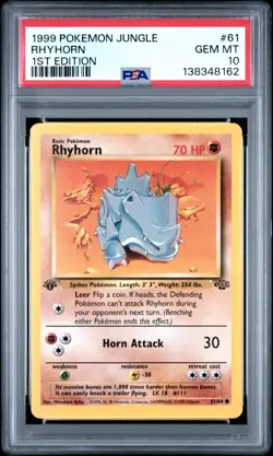 1999 Pokemon Jungle 1st Edition Rhyhorn 61 FRESHLY GRADED PSA 10 GEM MINT - Image 1