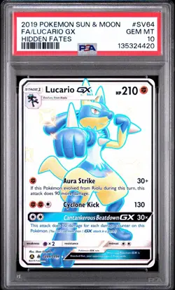 2019 Pokemon Sun & Moon Hidden Fates #SV64 FA Lucario GX PSA 10 - Image 1