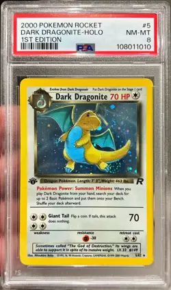 2000 Pokemon Dark Dragonite Team Rocket 1st Edition Holo Swirl 5/82 PSA 8 NM-MT - Image 1