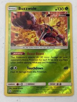 Buzzwole Reverse Holofoil Rare SM - Cosmic Eclipse 21/236 Pokemon Card NM - Image 1
