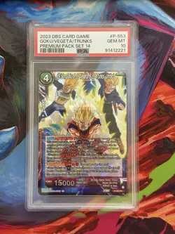 2023 DBS CARD GAME #P-553 SS SON GOKU & SS VEGETA & SS TRUNKS, UNITED PSA 10 - Image 1