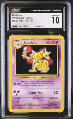 CGC 10 GEM MINT Kadabra 1999 Base Set 32/102 Pokemon Card - Image 1
