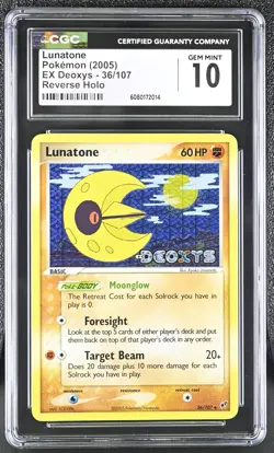 CGC 10 GEM MINT Lunatone 2005 EX Deoxys 36/107 Reverse Holo Stamped Pokemon Card - Image 1