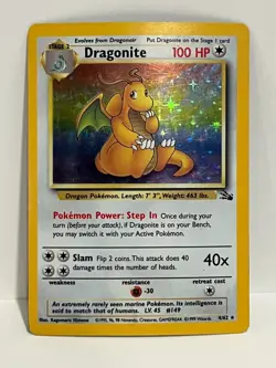 Vintage 1999 Pokemon TCG Fossil DRAGONITE HOLO Rare 4/62 MP-HP English, Unltd. - Image 1