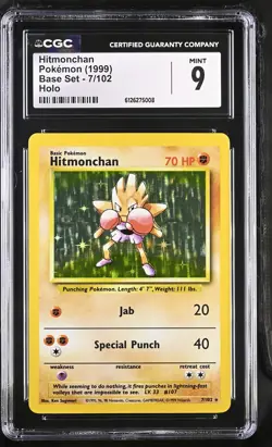 CGC 9 MINT Hitmonchan 1999 Base Set 7/102 Holo Pokemon Card - Image 1