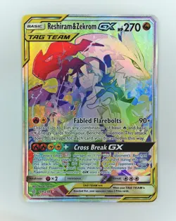 Reshiram & Zekrom GX 259/236 Cosmic Eclipse Rainbow Tag Team Sun Moon Pokemon - Image 1