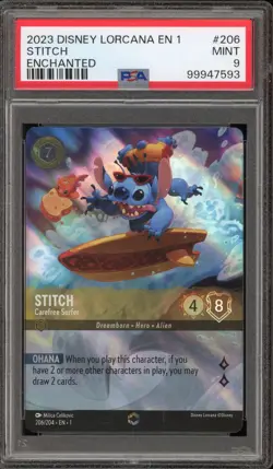 Disney Lorcana Stitch Carefree Surfer First Chapter Enchanted #206 PSA 9 Mint - Image 1