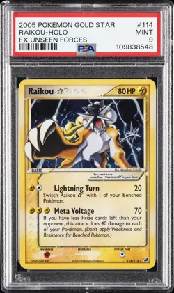 2005 POKEMON EX UNSEEN FORCES GOLD STAR #114 RAIKOU-HOLO PSA 9 - Image 1