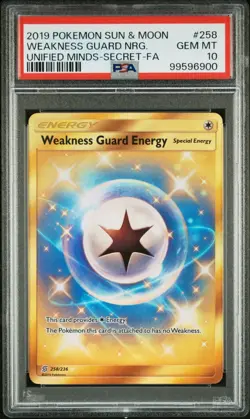 PSA 10 GEM MINT Weakness Guard Energy 258/236 Unified Minds Secret Rare Pokemon - Image 1