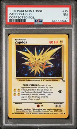 1999 POKEMON FOSSIL CORRECTED FOIL #15 ZAPDOS-HOLO PSA 7 - Image 1