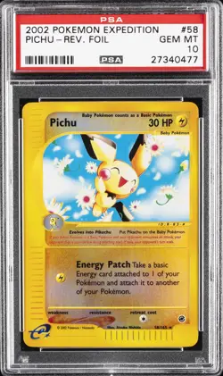 2002 POKEMON EXPEDITION #58 PICHU-REVERSE FOIL PSA 10 - Image 1