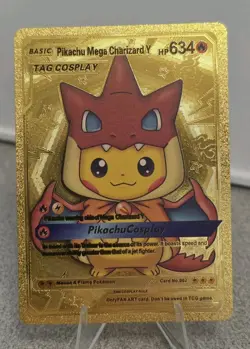 Pokemon Pikachu Mega Charizard Y Tag Cosplay Poncho Gold Foil Fan Art Card TCG - Image 1