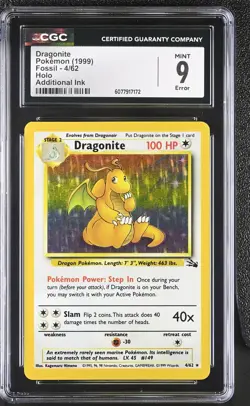CGC 9 Dragonite 1999 Fossil Additional Ink ERROR 4/62 Holo Pokemon Card - Image 1