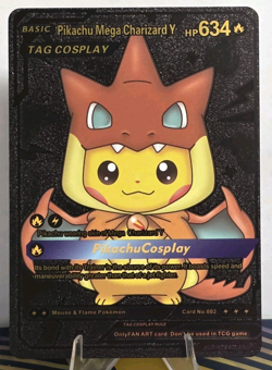 Pokemon Pikachu Mega Charizard Y Tag Cosplay Black Vinyl Gold Foil Fan Art Card - Image 1