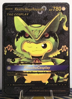 Pokemon Pikachu Mega Rayquaza Tag Cosplay Black Vinyl Gold Foil Fan Art Card TCG - Image 1