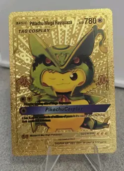 Pokemon Pikachu Mega Rayquaza Tag Cosplay Poncho Gold Foil Fan Art Card TCG - Image 1