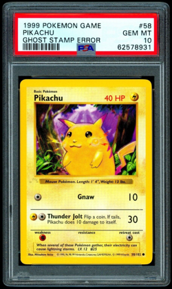 1999 Pokemon PIKACHU Base Set Shadowless GHOST STAMP ERROR Card PSA 10 GEM MINT - Image 1
