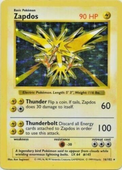 Pokemon TCG - Zapdos - 16/102 - Shadowless - Rare - Holo - Base Set [Light Play] - Image 1