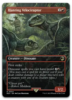 Hunting Velociraptor (Borderless) #4 (NM) Jurassic World REX Magic MTG - Image 1
