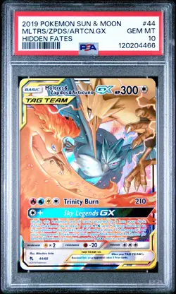 2019 POKEMON SUN & MOON HIDDEN FATES #44 MOLTRES & ZAPDOS & ARTICUNO GX PSA 10 - Image 1