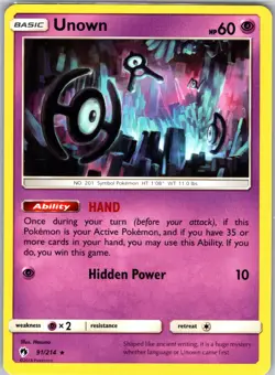 Unown 91/214 Rare Regular Card SM - Lost Thunder Pokemon TCG LP - Image 1