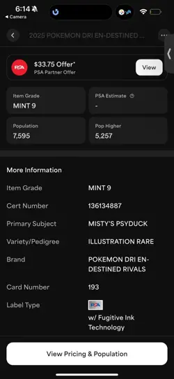 2025 Pokemon MISTYS PSYDUCK Destined Rivals Illustration Rare 193/182 PSA 9 JFB4 - Image 3