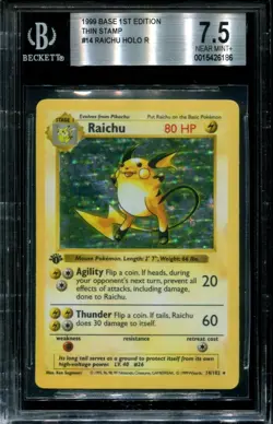 BGS 7.5 Raichu Holo 1st Edition Ed - Shadowless Base 14/102 1999 Pokemon - Image 1