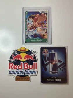 One Piece Red Bull Double Don!! Bundle - Promo Card, Sticker, & Sealed Don Pack - Image 1