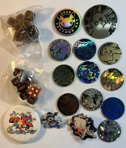 Lot Official Pokemon TCG Coins Pins Dice - BLASTOISE PIKACHU RAICHU - Image 1