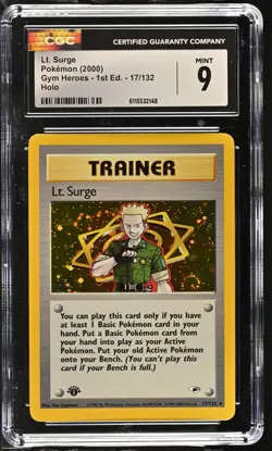 CGC 9 MINT Lt. Surge Gym Heroes 1st Edition 17/132 Holo SWIRL Pokemon Card - Image 1