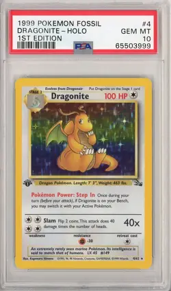 PSA 10 1st Edition Dragonite Holo 4/62 Pokemon Fossil - Image 1