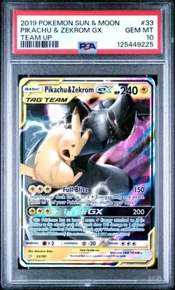 2019 POKEMON SUN & MOON TEAM UP #33 PIKACHU & ZEKROM GX PSA 10 - Image 1