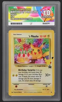 Pikachu Birthday Card 24-Holo Celebrations ACE 10 GEM MINT💎 PERFECT SUBGRADES - Image 1