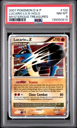 2007 POKEMON DIAMOND & PEARL MYSTERIOUS TREASURES #122 LUCARIO LV.X-HOLO PSA 8 - Image 1