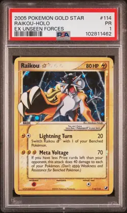 BIG SWIRL 💫 2005 POKEMON EX UNSEEN FORCES GOLD STAR #114 RAIKOU-HOLO PSA 1 - Image 1